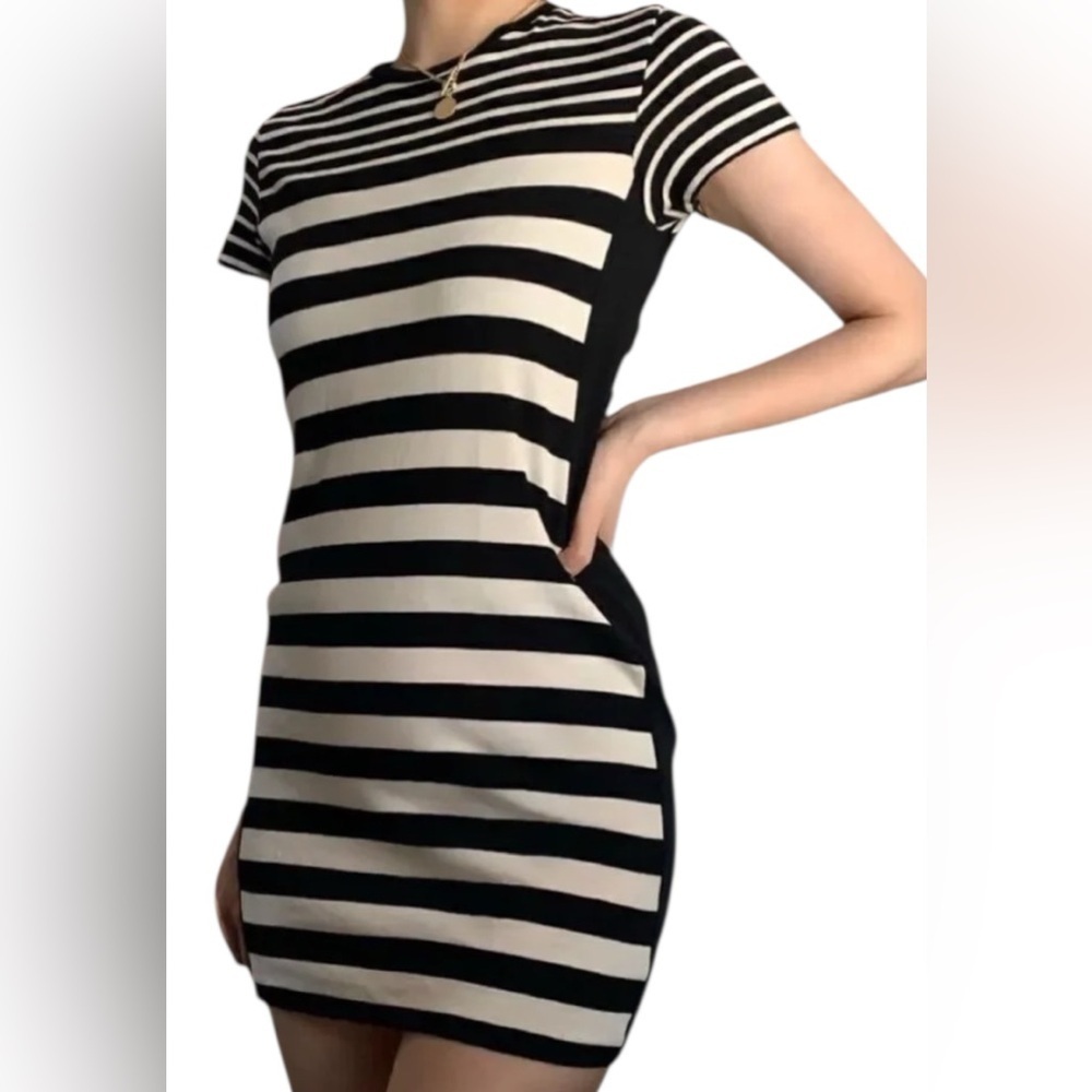 Zara Trafaluc Black White Striped Short Sleeve Dress Size M